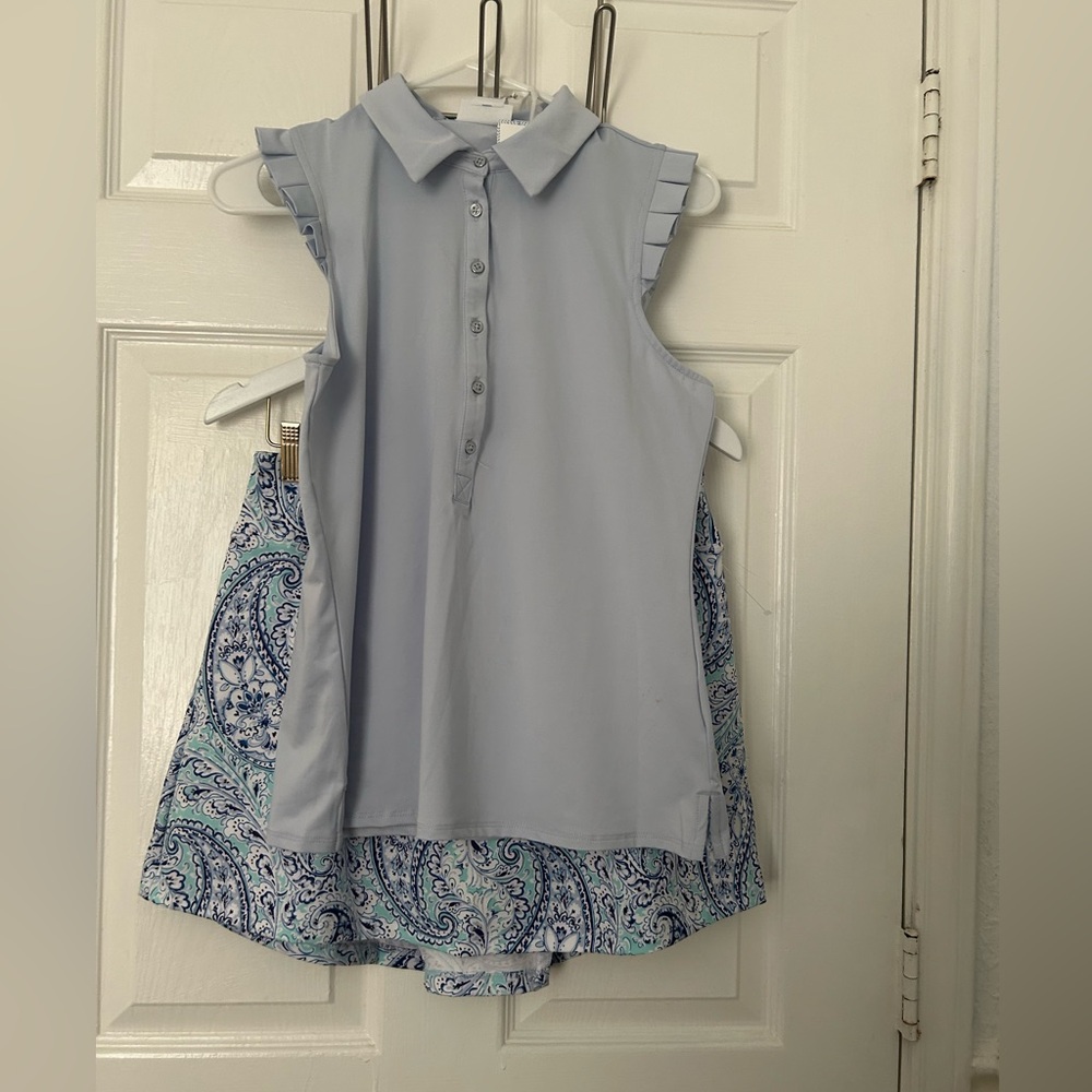 Sigrid Olsen Light Blue Polo Top with Blue Paisley Skirt Set